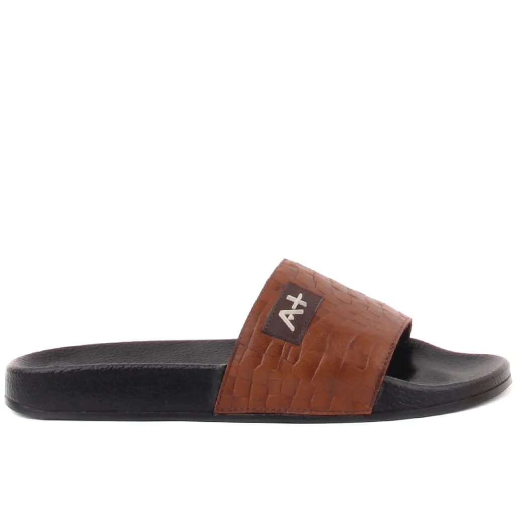 Özel Üretim - Taba Renk İç, Dış Deri Croco Desenli Erkek Terliği 110-655-8801M - 1