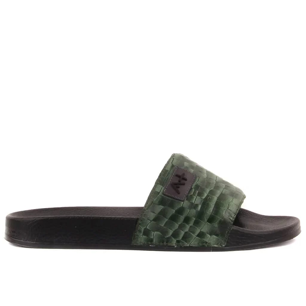 Özel Üretim - Yeşil Renk İç, Dış Deri Croco Desenli Erkek Terliği 110-655-8801M - 1